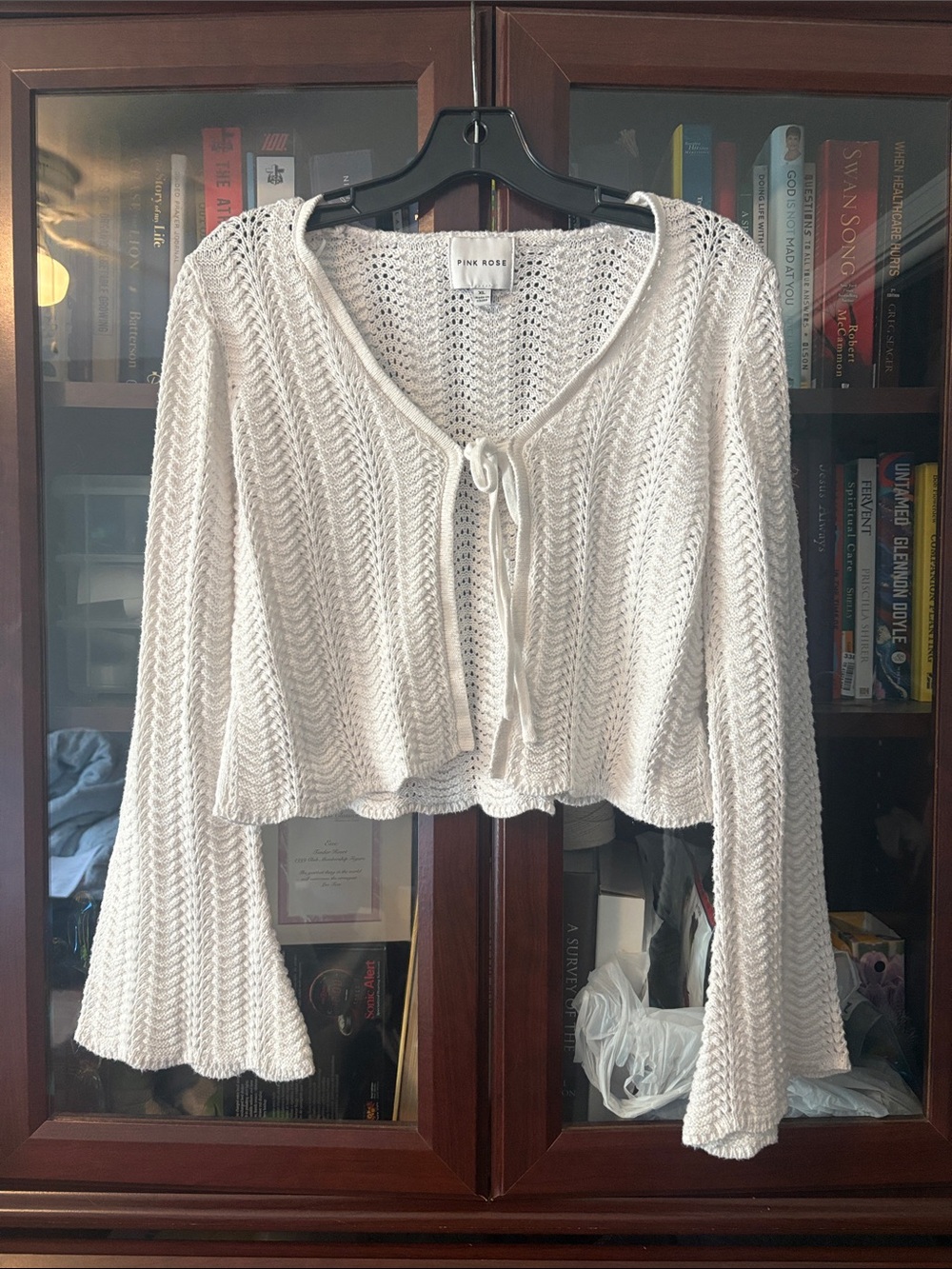 Pink Rose White Knit Tie-Front Cropped Cardigan Bell sleeves